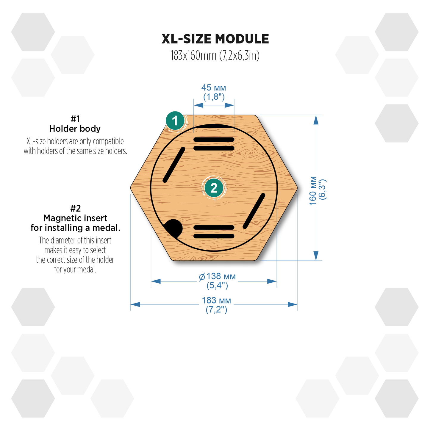 European Larch modular hexagon medal Holder Display
