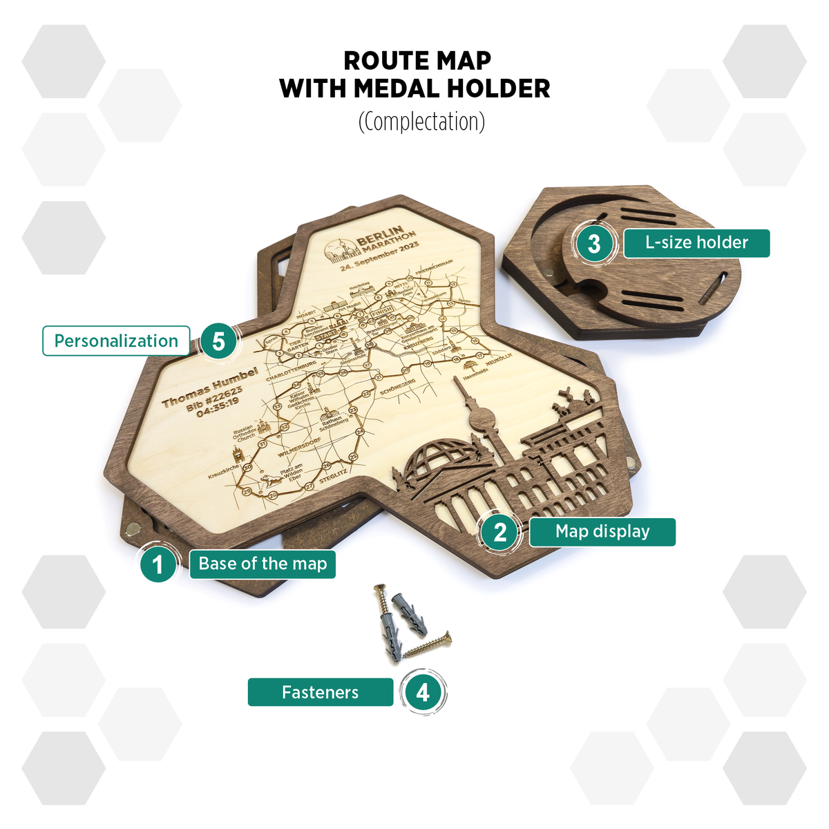 Berlin Marathon medal display holder with Route map