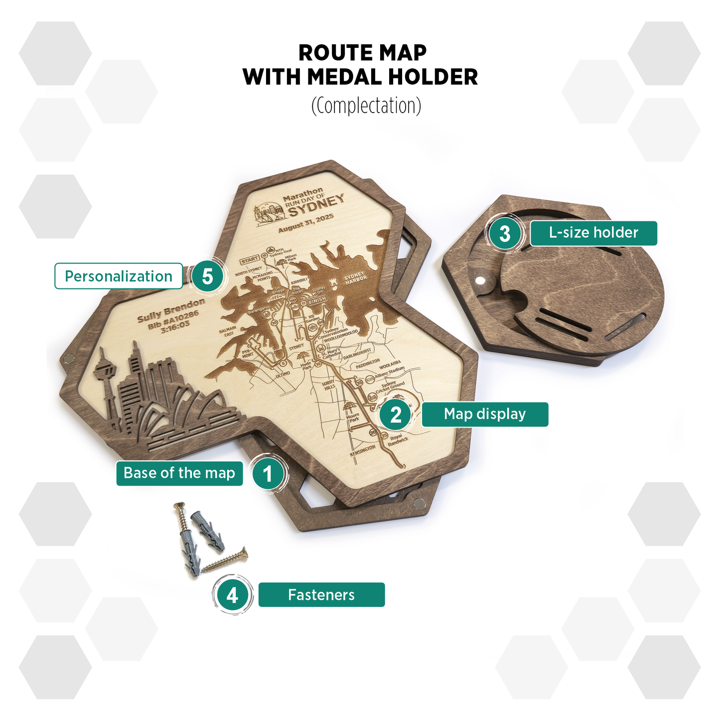 Sydney Marathon medal display holder with personalization Route map