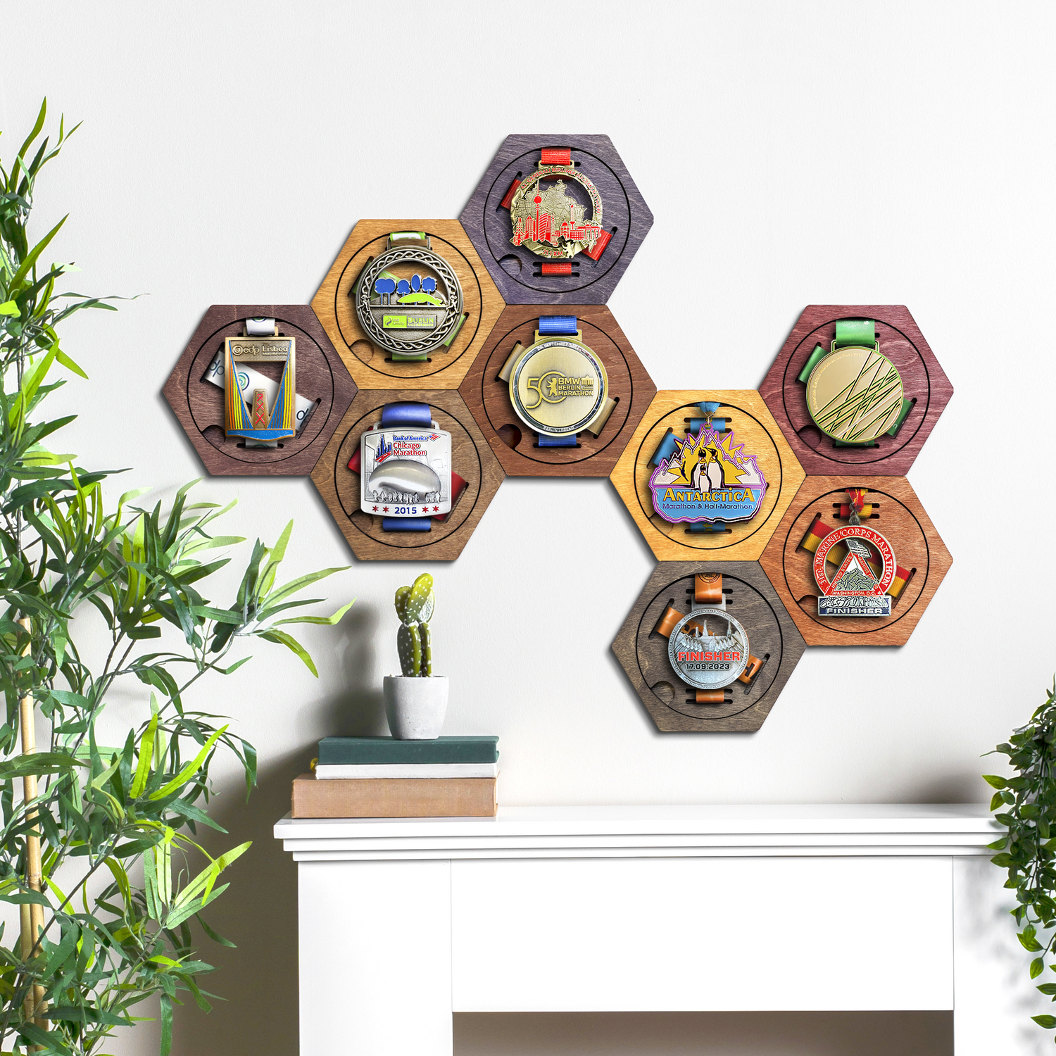 Honeycomb hexagonal modular holders for medals