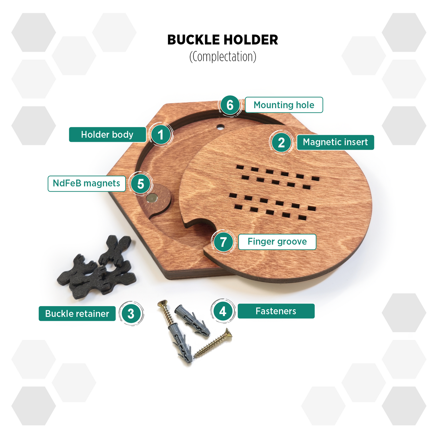 Natural Teak modular hexagon Belt Buckle Holder Display