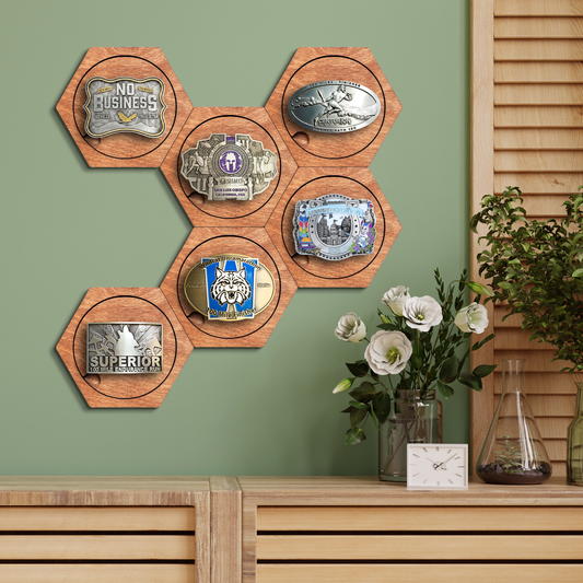 Natural Teak modular hexagon Belt Buckle Holder Display
