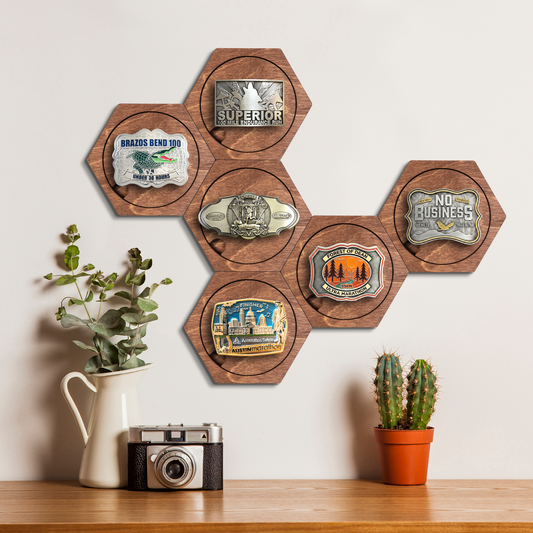 American Walnut modular hexagon Belt Buckle Holder Display