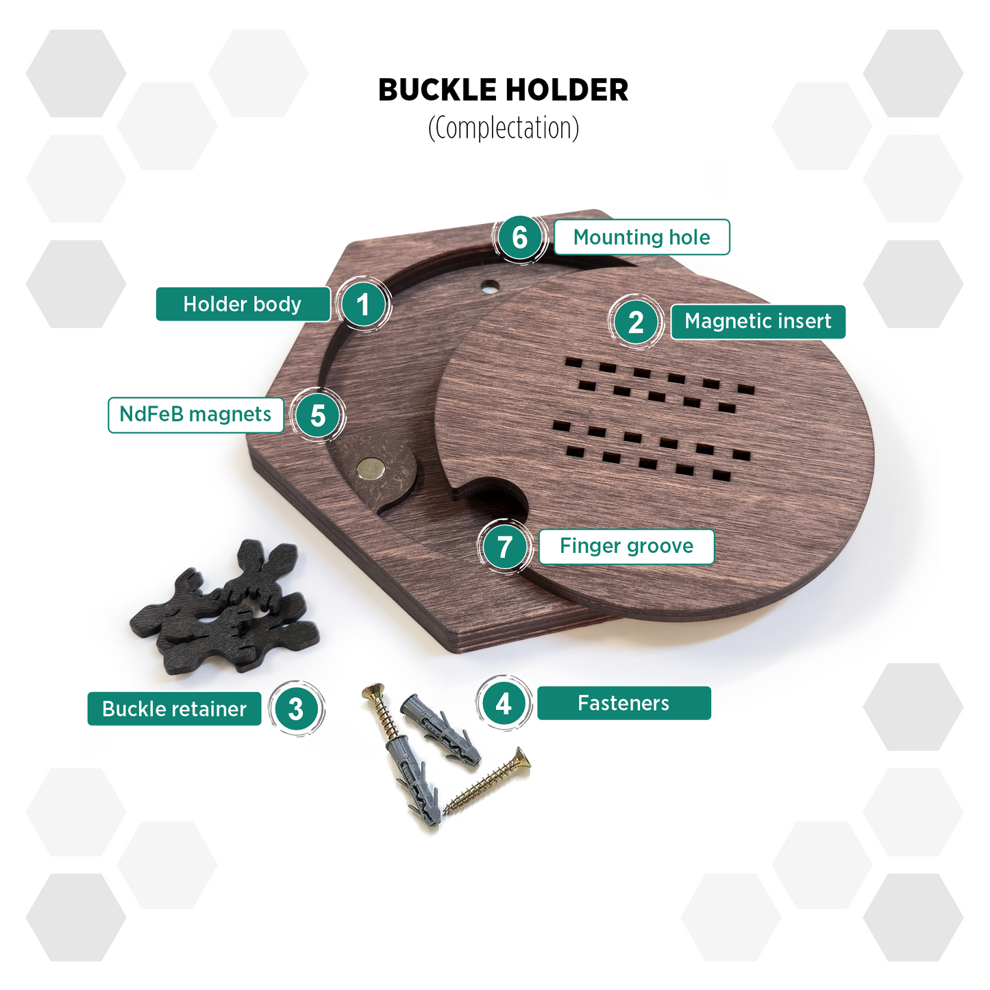 Indian Palisander modular hexagon Belt Buckle Holder Display