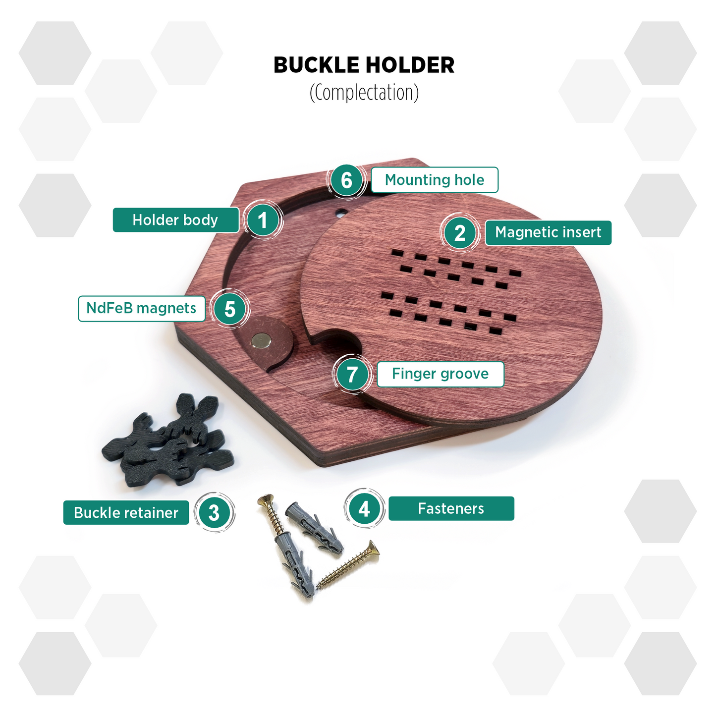 Red Mahogany modular hexagon Belt Buckle Holder Display