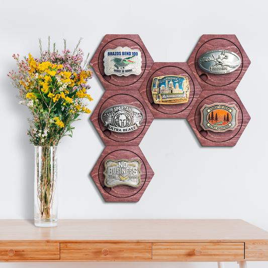 Red Mahogany modular hexagon Belt Buckle Holder Display