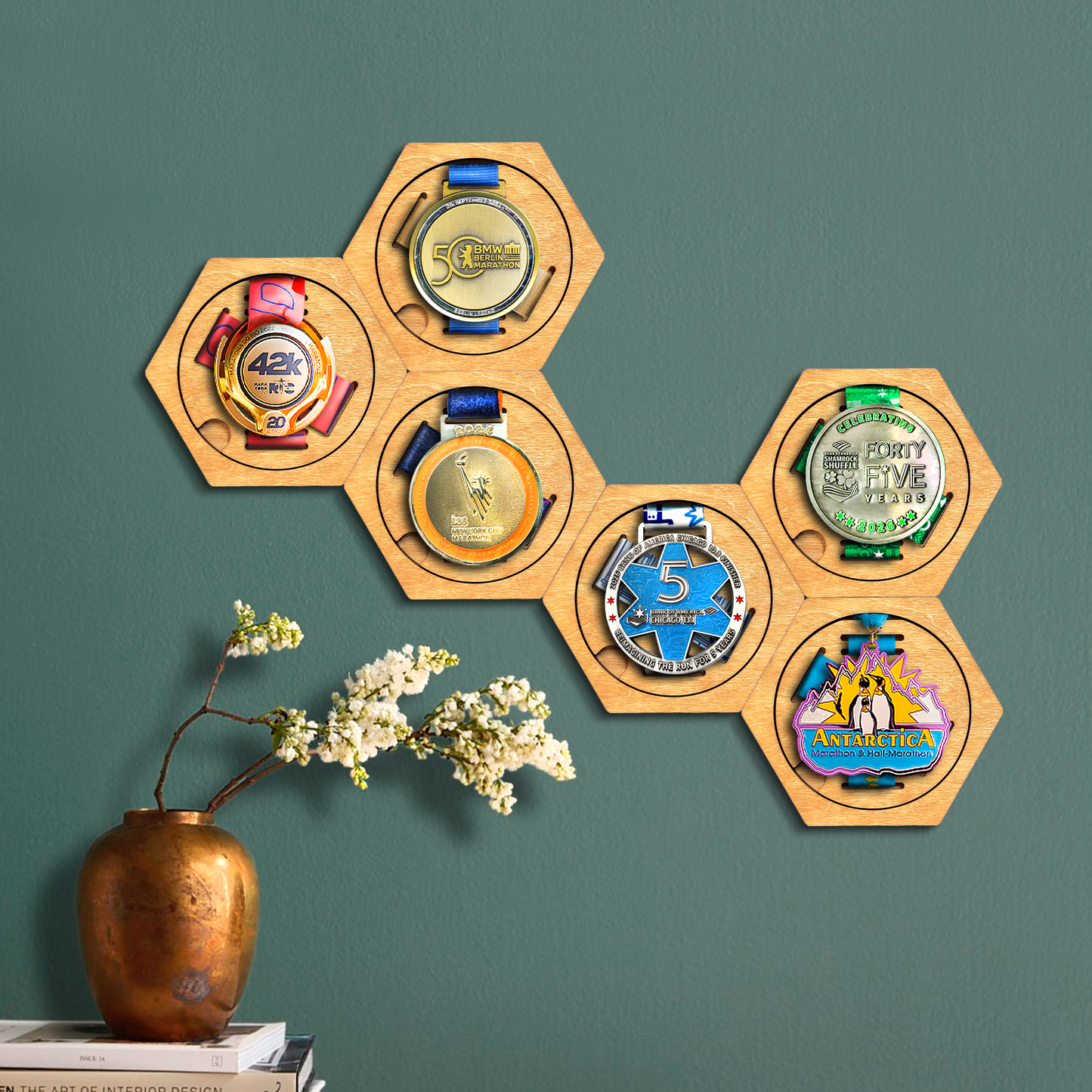 Oregon Pine modular hexagon medal Holder Display