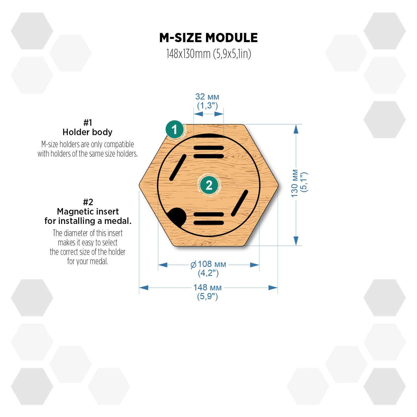 European Larch modular hexagon medal Holder Display