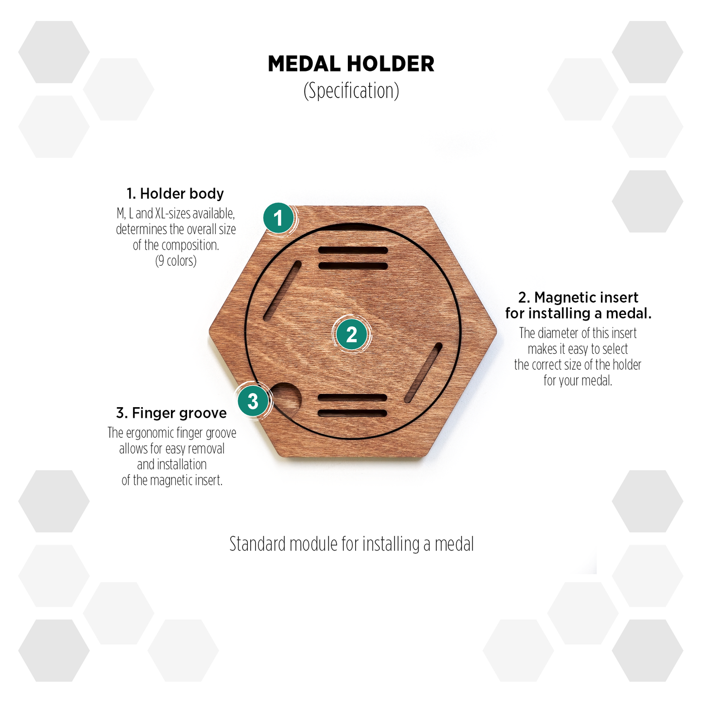 Natural Teak modular hexagon medal Holder Display