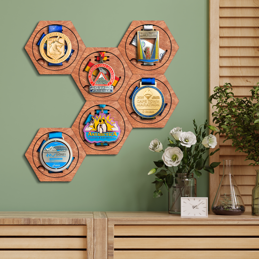 Natural Teak modular hexagon medal Holder Display