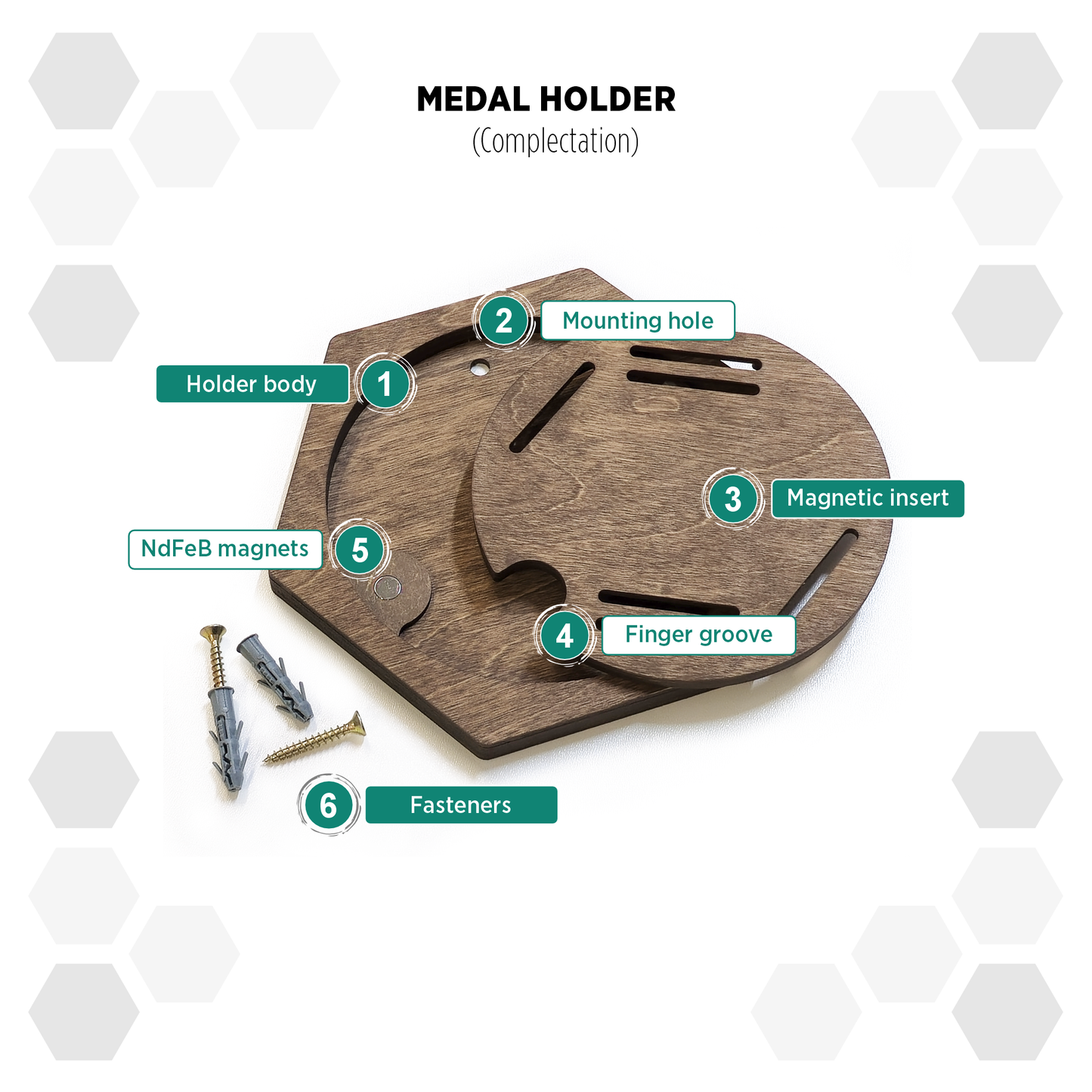 Rustic Oak modular hexagon medal Holder Display