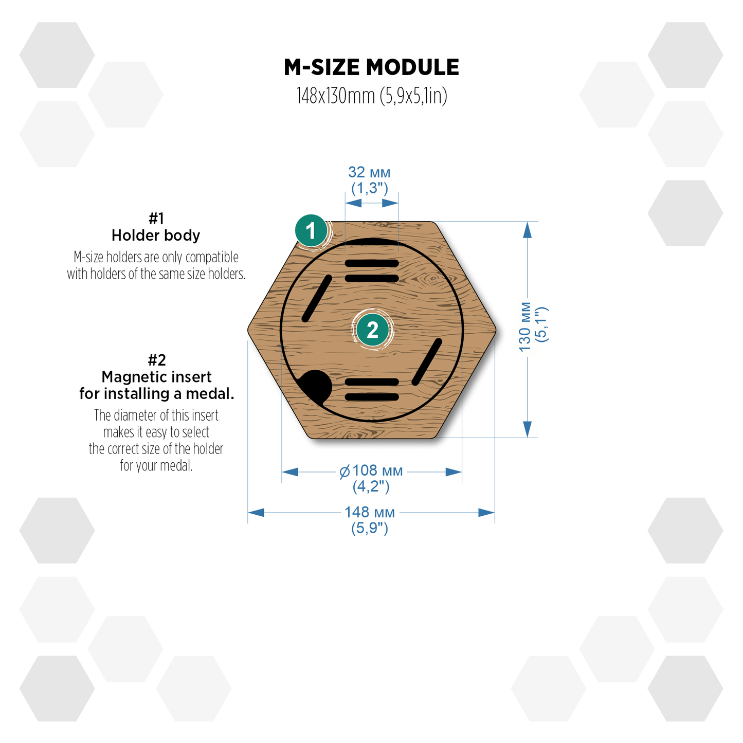 Rustic Oak modular hexagon medal Holder Display