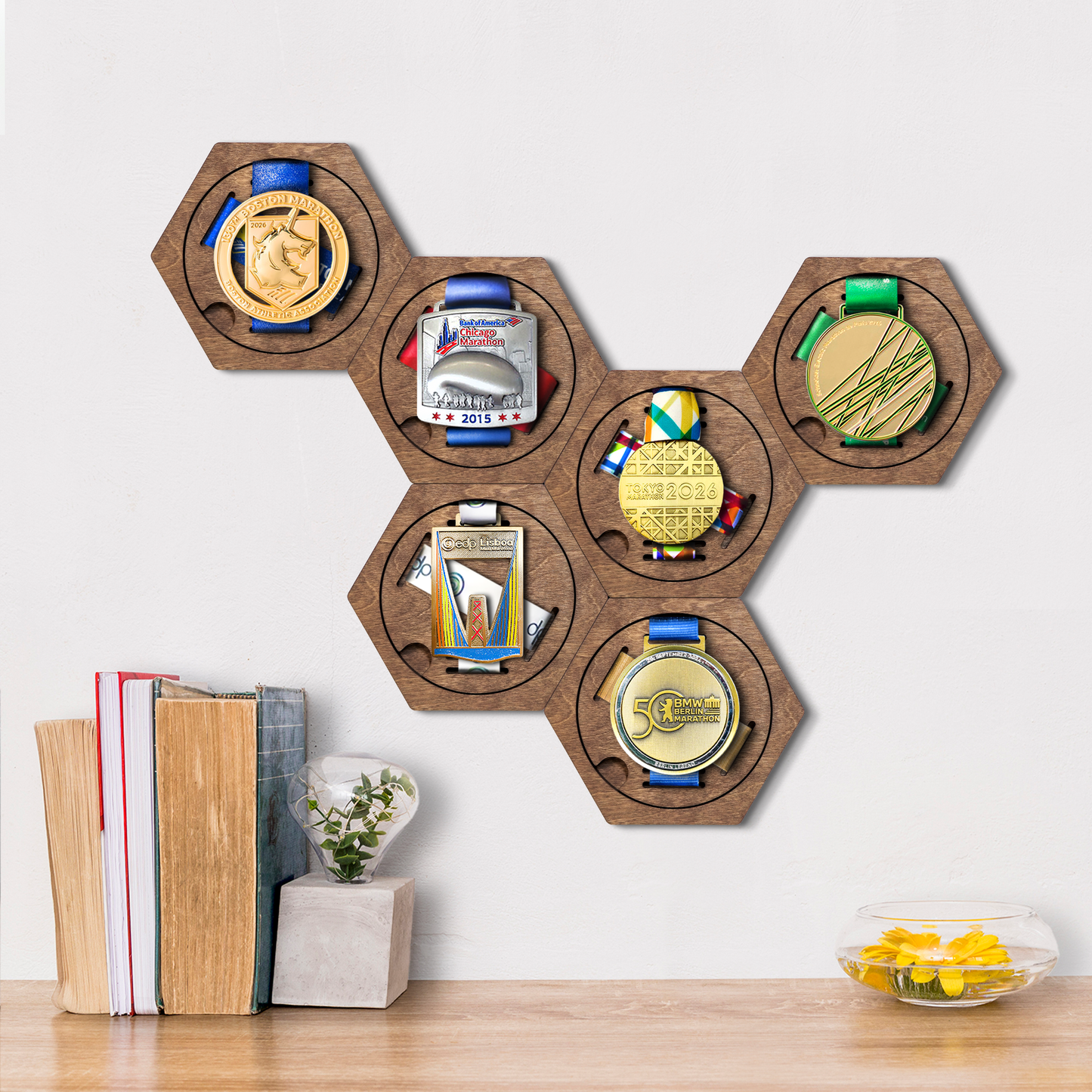 Rustic Oak modular hexagon medal Holder Display