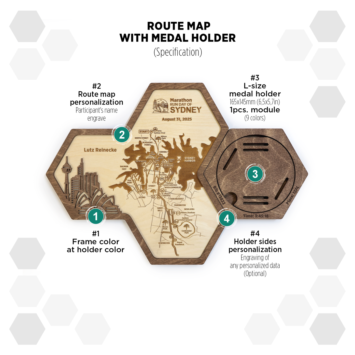 Sydney Marathon medal display holder with personalization Route map