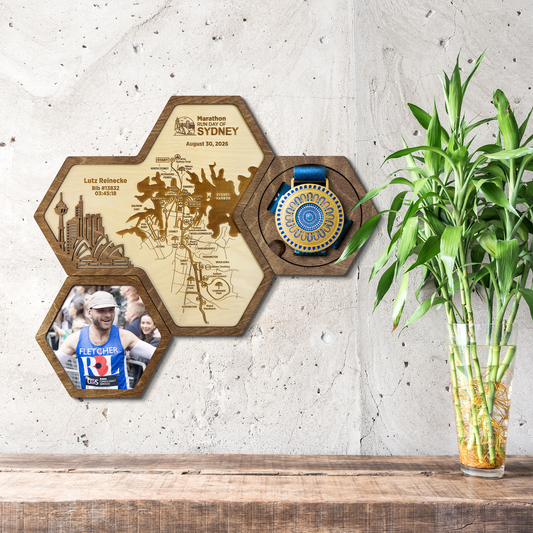 Sydney Marathon personalized wood medal display holder with route map and runner achievements customization.