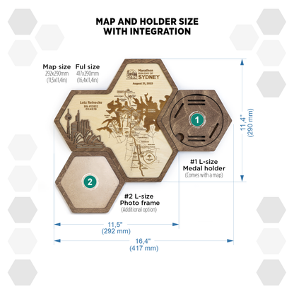 Sydney Marathon medal display holder with personalization Route map